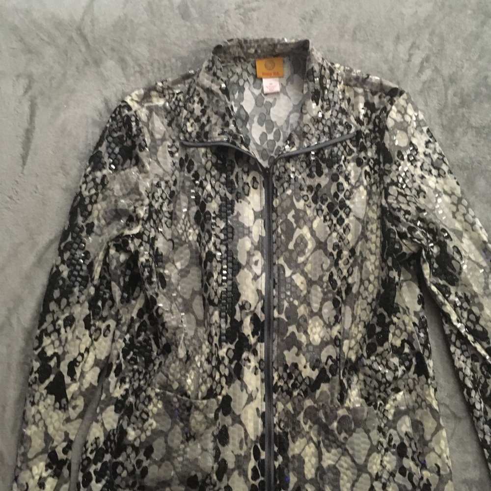 Ruby Rd. Black and Gray Bomber Jacket with Snakeskin Print